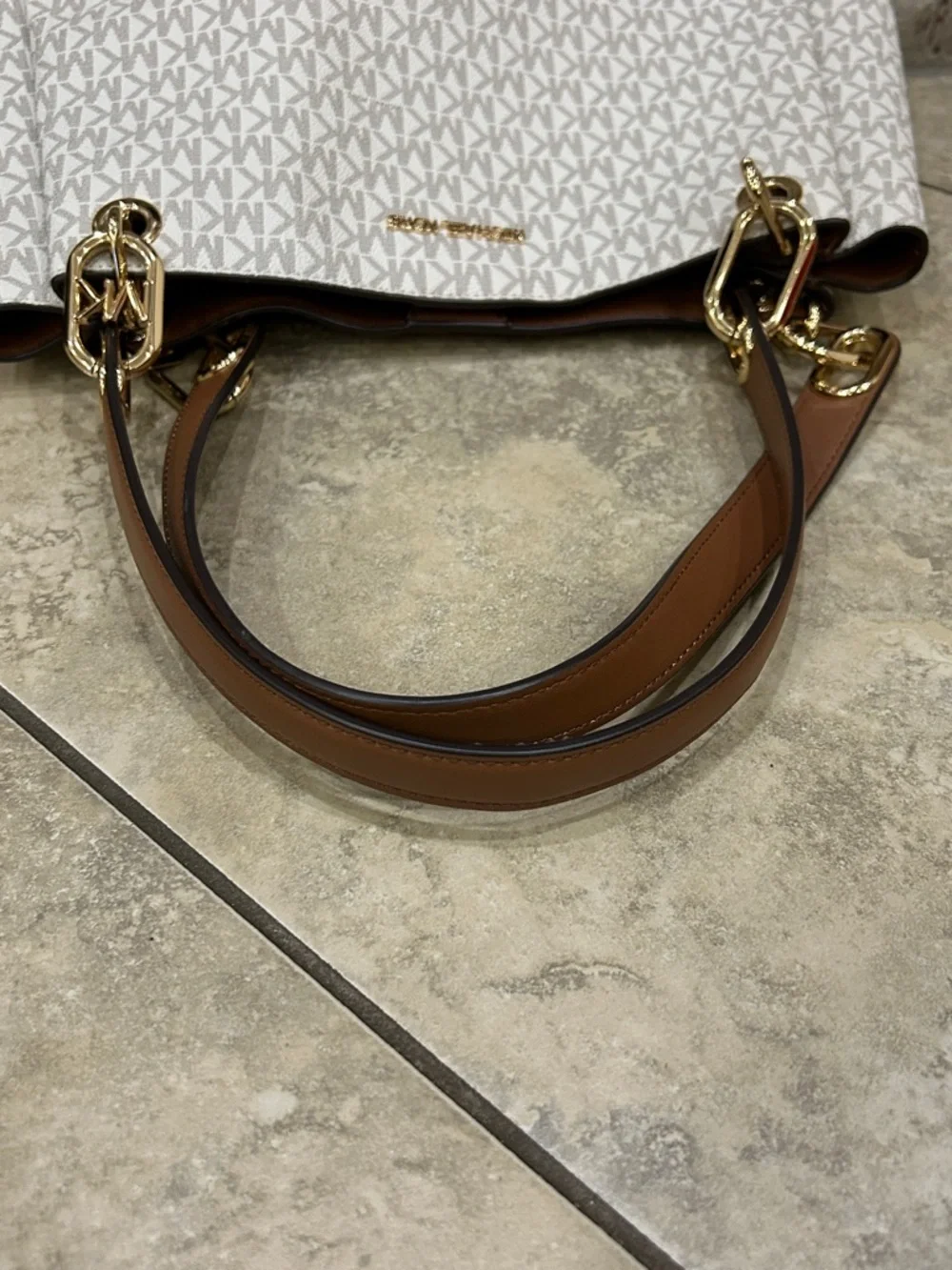 Michael Kors Cream and Brown Logo-Print Tote with Gold Hardware - Picture 9 of 11